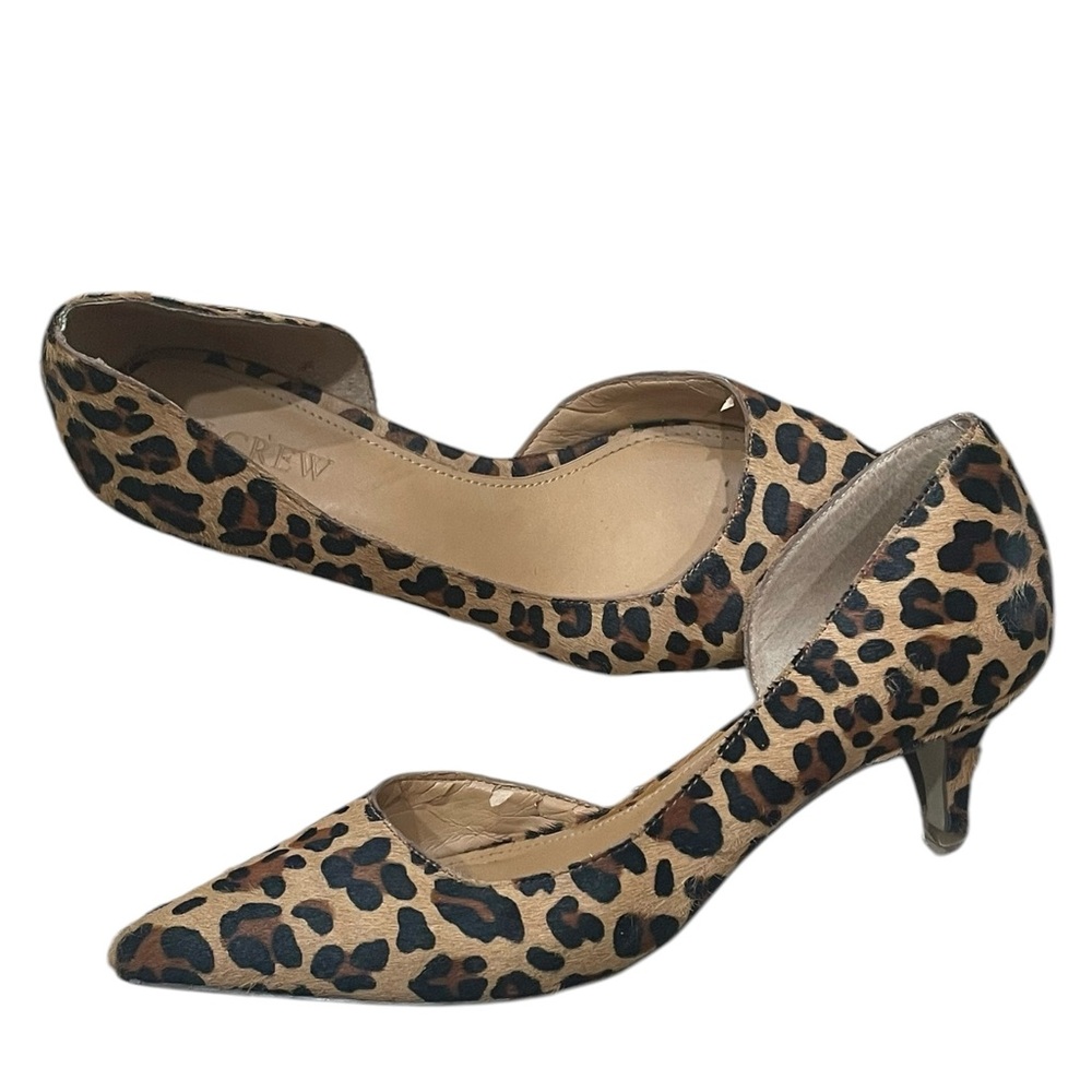 J Crew Size 7.5 Leopard Print Calf Hair Pointed Toe Kitten Heels Shoes